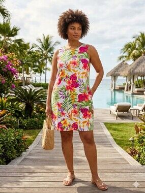 Tommy Bahama Tropical Floral 100% Linen Resort Wear Beach  Midi Dress XL